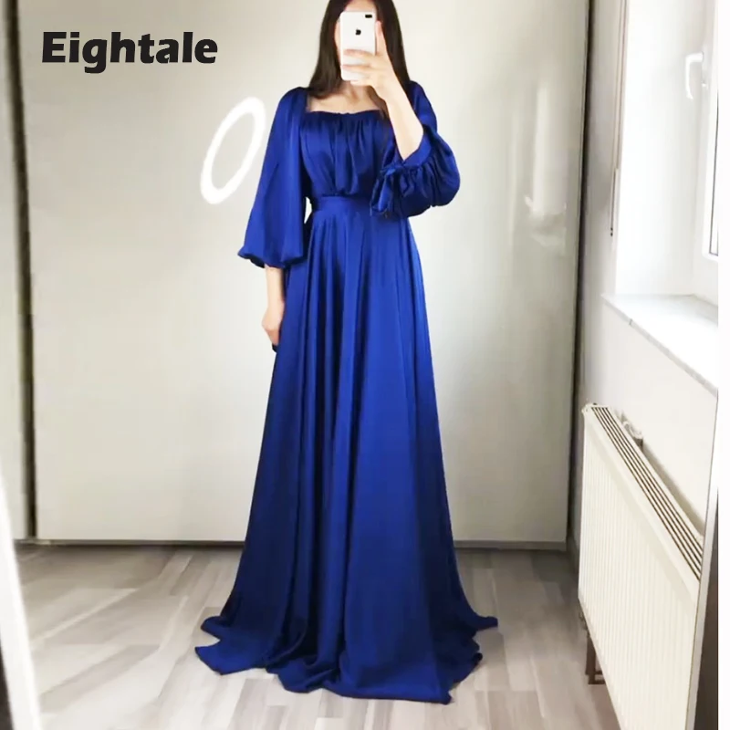 

Eightale Blue Evening Dress for Wedding Party Satin A-Line Long Sleeves Pleats Elegant Arabic Prom Gowns Celebrity Dress