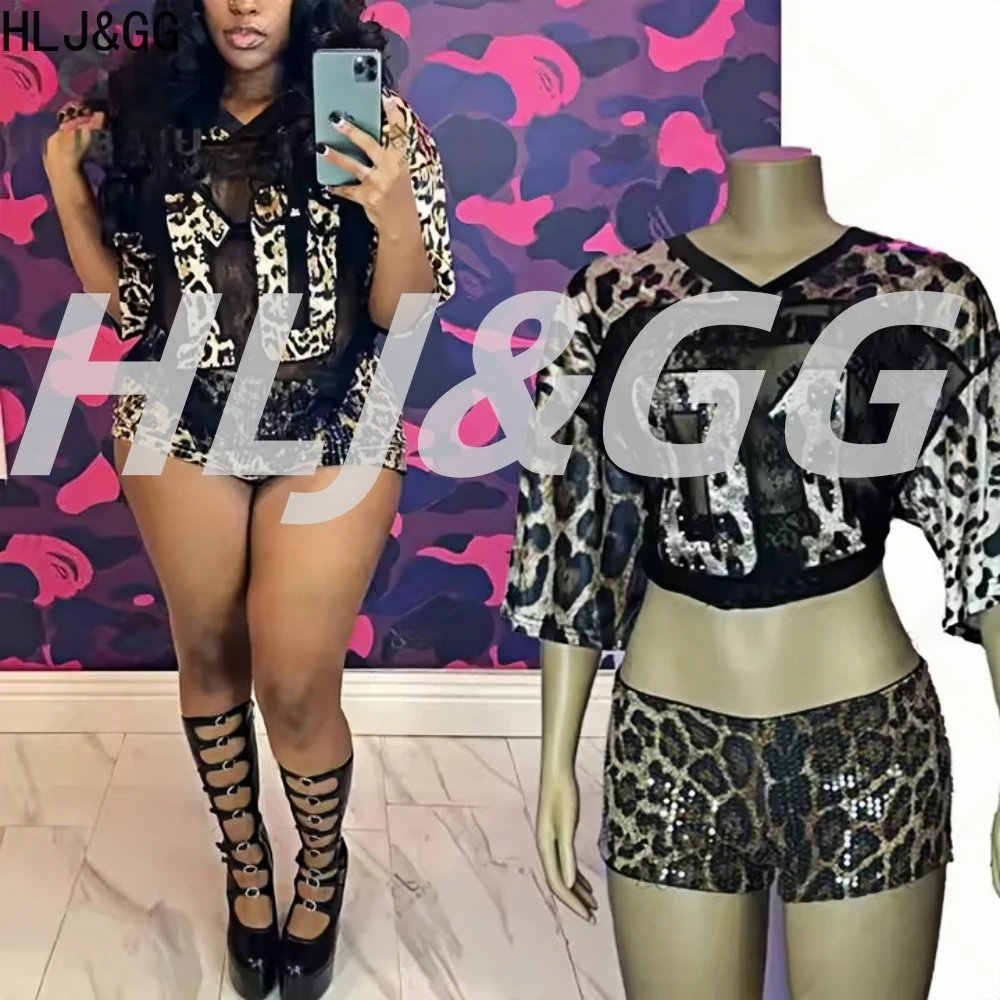 

HLJ&GG Fashion Leopard Print Lace Splicing Two Piece Sets Women V Neck Short Sleeve Top And Sequin Shorts Outfits Y2K Streetwear
