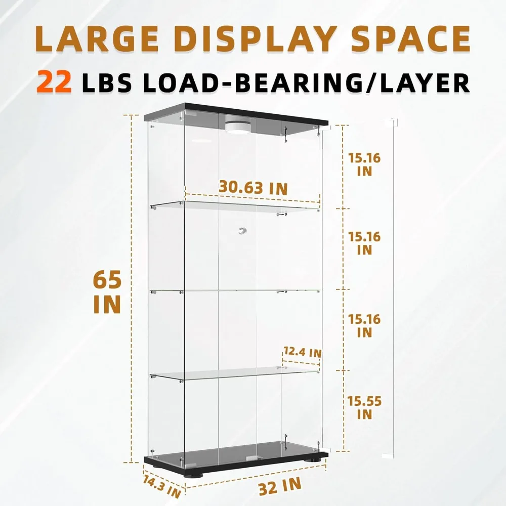 4-Shelf Lockable LED Illuminated Glass Display Cabinet with 2 Doors and Tempered Glass Shelves