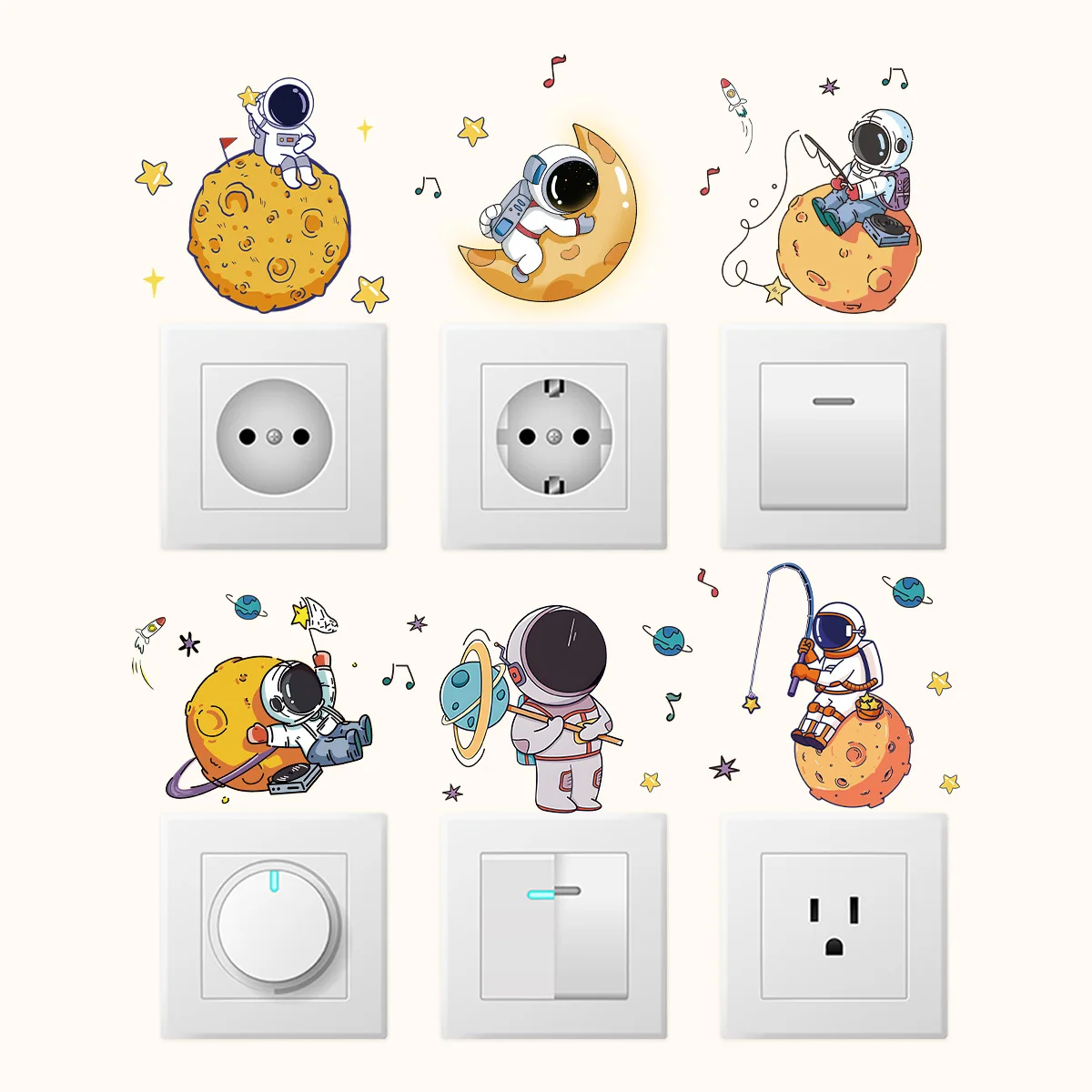 6pcs Astronaut Switch Stickers for Baby Boys Room Bedroom Decoration Wall Decor Stickers Power Socket Switch Wall Decals Office