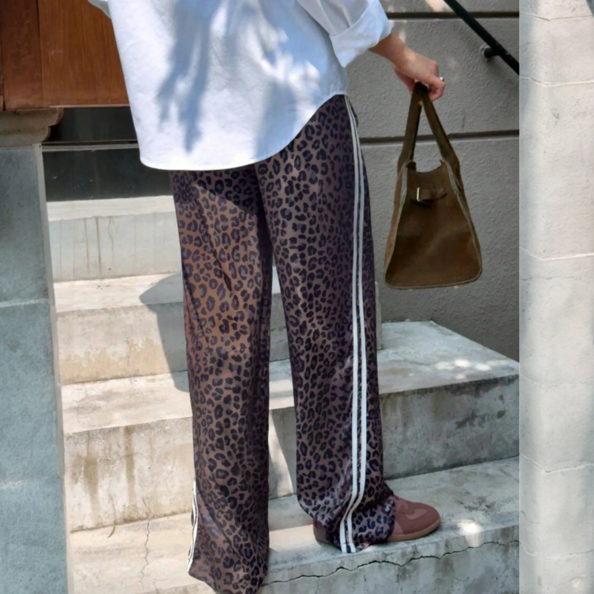 Pantalones con estampado de leopardo para mujer, pantalones guepardo de cintura alta para mujer, pantalones elásticos de pierna ancha, pantalones casuales de moda de otoño