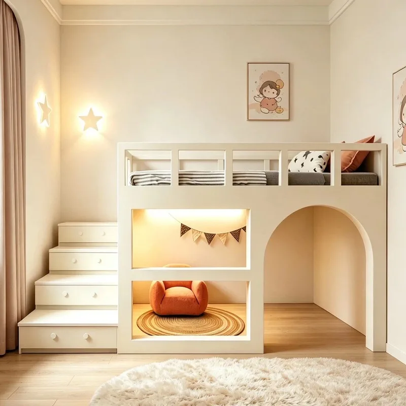Full solid wood bed, half-height ladder cabinet storage bed