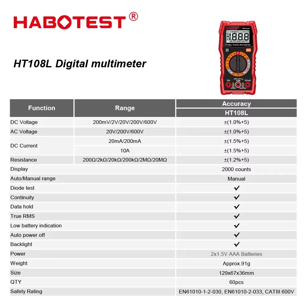 HABOTEST HT108L Digital Multimeter True RMS 600V 10A 2000 Counts CAT III Backlight LCD Continuity Diode Handheld Multitester