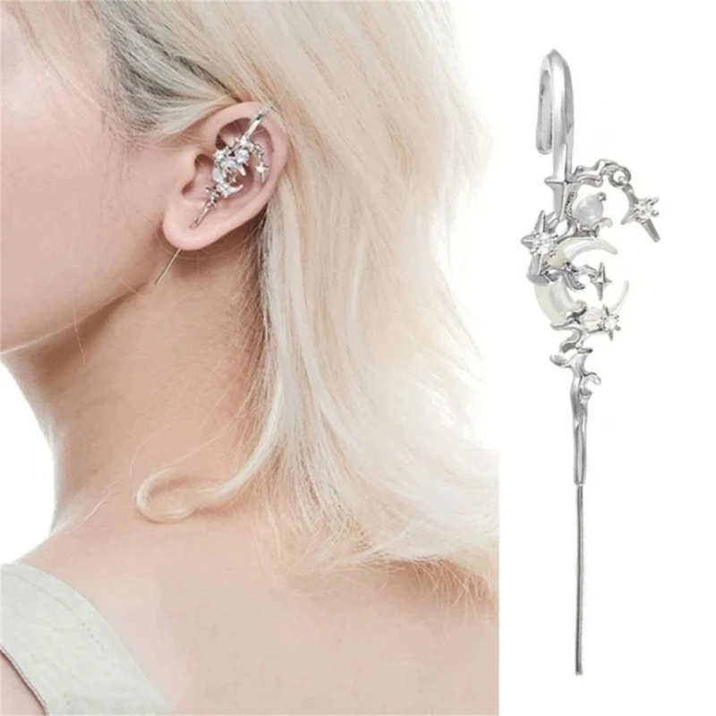 Set Of 2 The Moon Ear Hook Needle Piercing Earrin Creative Star Moon Earrings Punk Rock Gothic Moon Star Ear Cuffs for Women