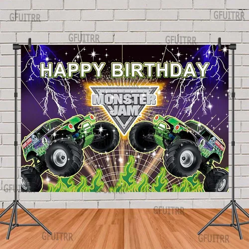 Imagen 1 del producto Cubierta de fondo Monster Jam para niños, cartel de pared para fiesta de feliz cumpleaños, decoración para Baby Shower, fotografía de fondo, accesorios para fotos