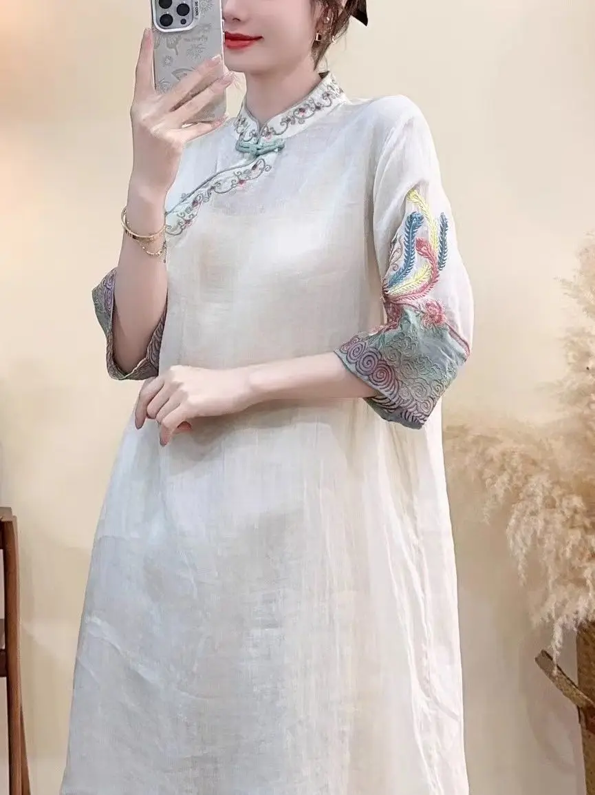 

Новая китайская летняя модная женская блузка больших размеров из хлопка и льна средней длины с вышивкой и воротником-стойкой