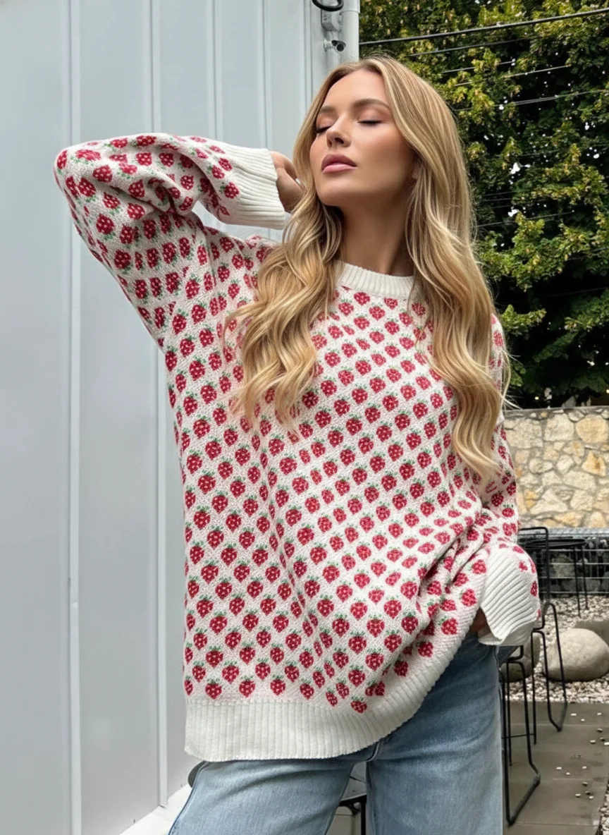 

Милый женский свитер оверсайз из жаккарда с клубничным узором, розовый вязаный джемпер, пуловер с длинным рукавом и круглым вырезом в стиле Y2K, эстетика каваи, 2026