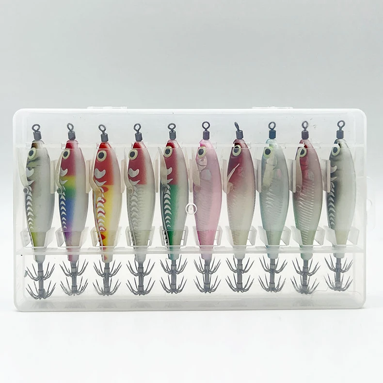 ShareShark 10 Stück/Box Leuchtendes horizontales Garnelen- und Tintenfischhaken-Hartköder-Set, geeignet für Meeresangeln auf Tintenfische und Oktopus. – Detail 13