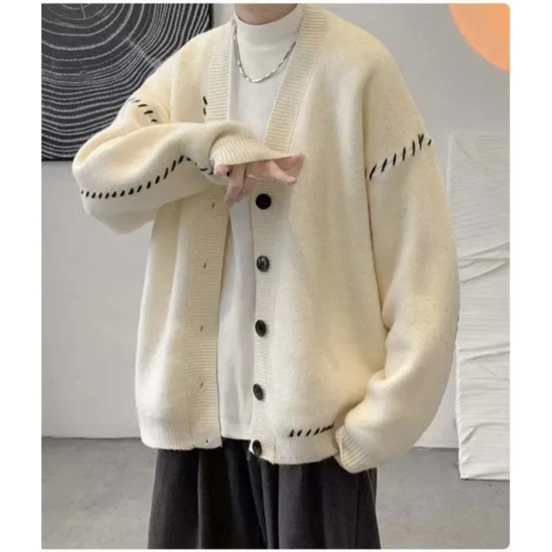 

Autumn V-neck Cardigan Sweater Men Women Streetwear Loose Lazy Style Korean Vintage Knitwear Jacket Fashion Brand Mens Cardigan