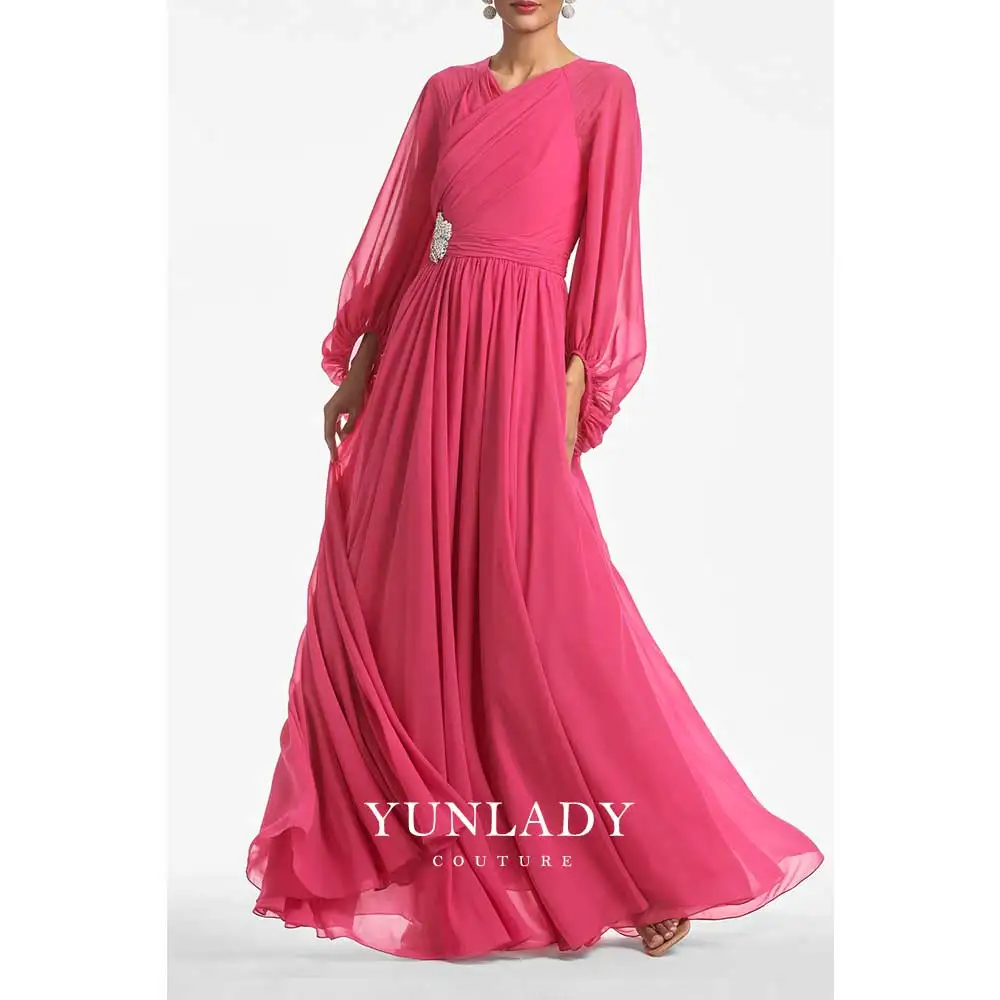 

YUNLAN Elegant Arabian Evening Dress Customized Lantern Sleeves Luxury Stone Beaded Chiffon A Line Formal Party Gown Prom Dress