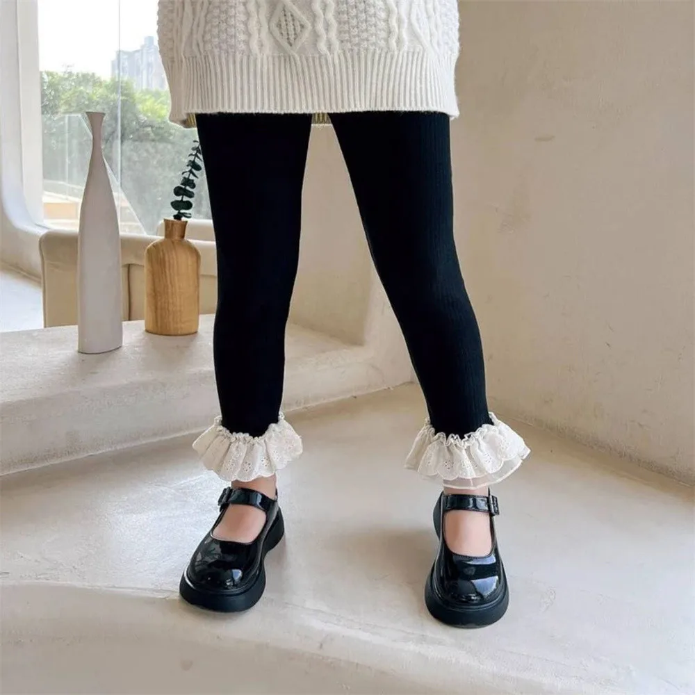 Girls Solid Colour Lace Edge Bottom Pants For 2-7 Years Old Spring And Autumn Fashion Kids Trousers Baby Casual Long