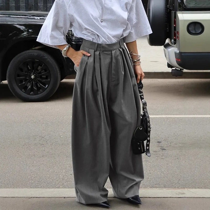 Womens Grey Pleated Wide Leg Loose Fit Office Business Trousers Pan...