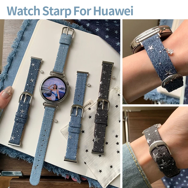 Star Denim Fabric Strap for Huawei Band 8 9 10 11 Cowboy Woven Smart Bracelet Replacement Wristband for Huawei Watch GT654 FIT54