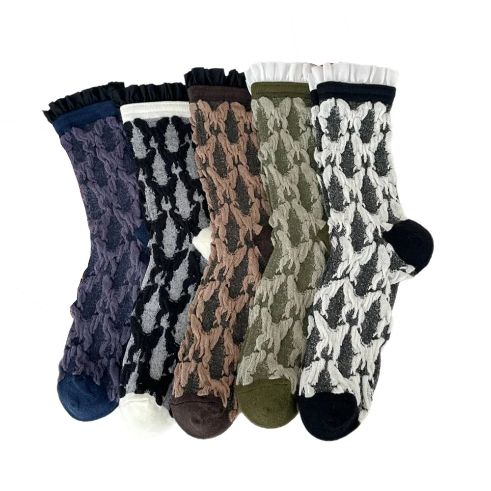 5 Pair/Lot Personalized Splicing Lace Edge Women Socks Autumn Winter Animal Print Middle Tube Cute Women's Socks  Fashion Style