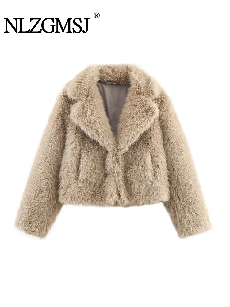 

NLZGMSJ Fluffy Faux Fur Women Coat 2025 Winter Warm Thick Long Sleeve Turn Down Collar Loose Jacket Female Outwear Y2K