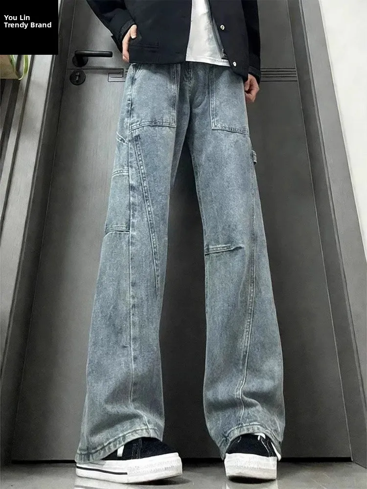 

Blue Folded Knife Jeans Men's High Waist Straight Leg Torn Casual Trousers Vintage American Retro Street Workwear Pants