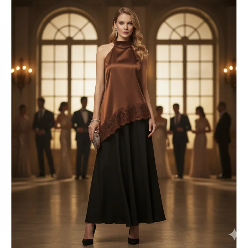 2026 Summer Halter Neck Slim-Fit Brown Lace-Trimmed Satin Imitation Silk Tank Top for Women with a High-End Feel