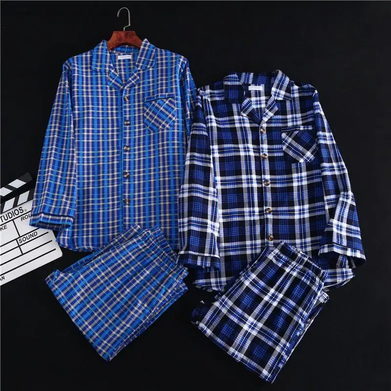 Men's Cotton Checkered Pajamas Set Long Sleeved Shirt&Trouser Pyjamas Suit Loungewear Loose Casual Home Wear Male Sleepwear