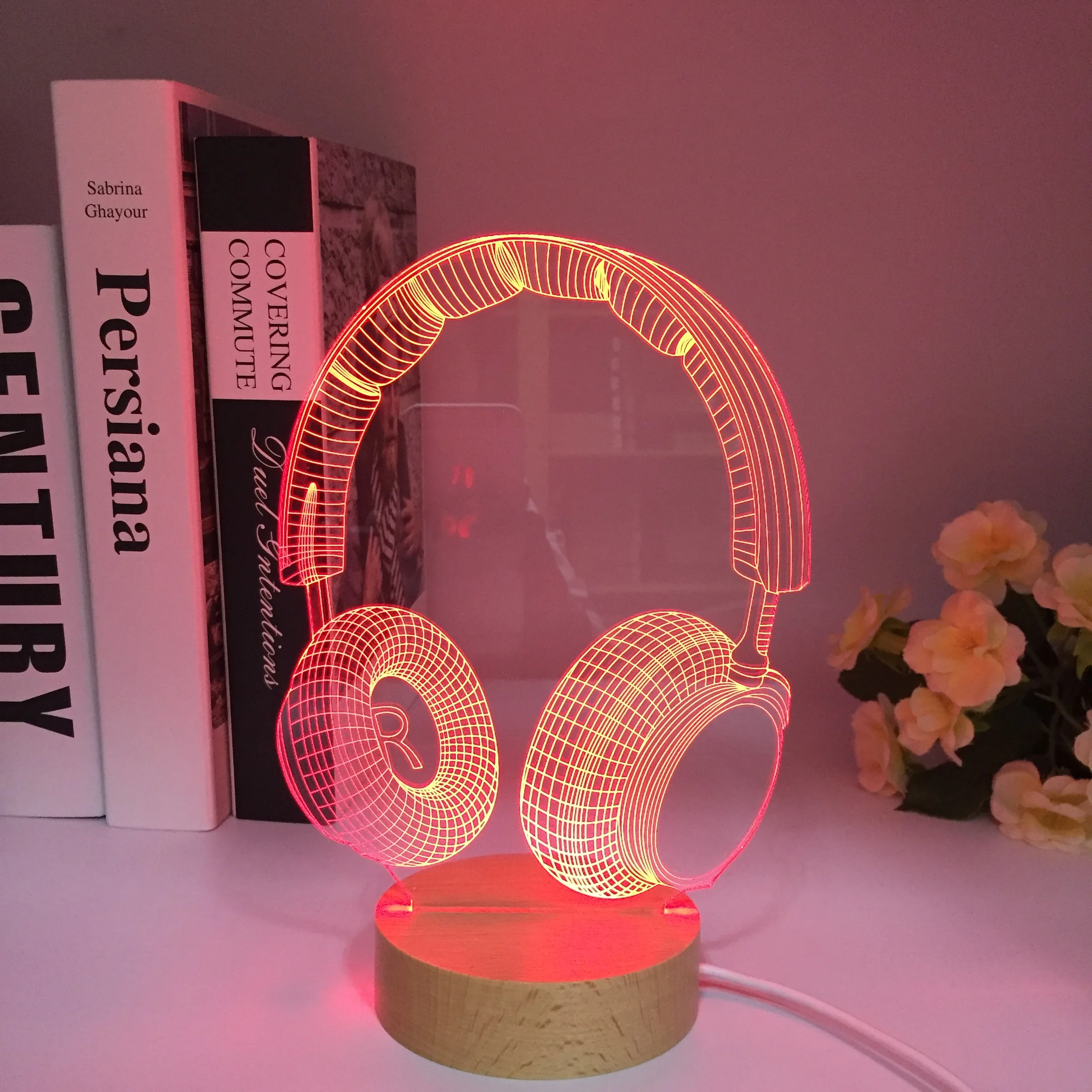 Wooden 3D Earphone Headphone Illlusion Lamp Studio Monitor Headset Music Earphone 3d Night Light Colors Bedroom Table Lamp