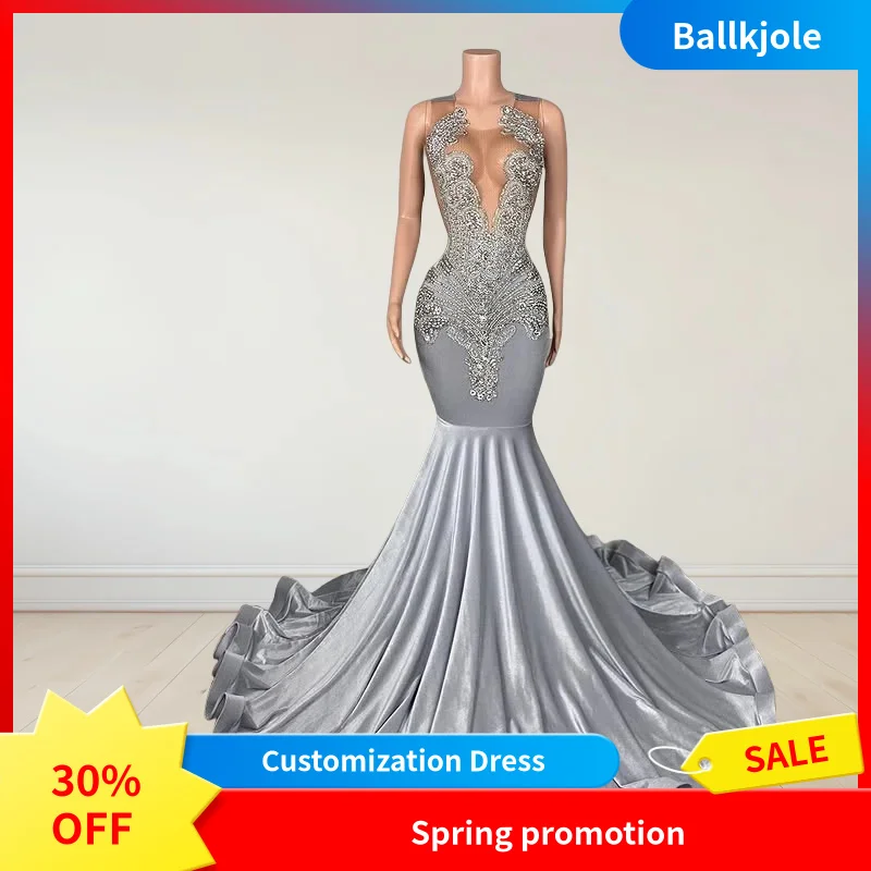 Ballkjole Silver Diamond Velvet Prom Dress For Black Girls 2024 Handcrafted Crystal Rhinestone Beaded Custom Birthday And Formal