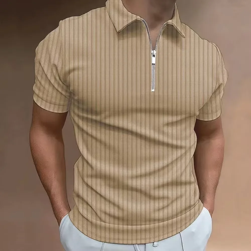 Men's Summer Solid Color Business Polo Shirt Short Sleeve Zippered Turn-Down Collar Casual Streetwear Top for Men