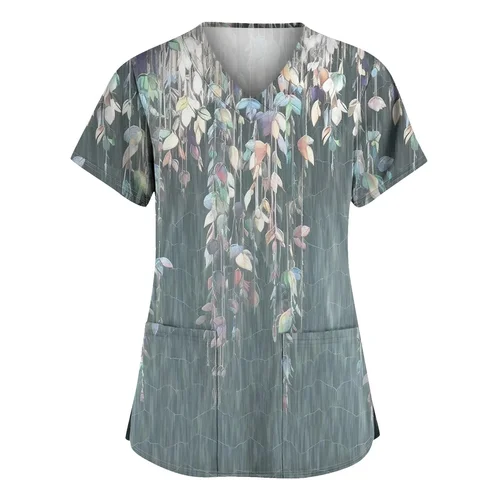 Imagen 2 del producto Uniforme médico con estampado 3d de flores para mujer, uniformes médicos de bolsillo con cuello en V, de enfermería de dibujos animados, de manga corta