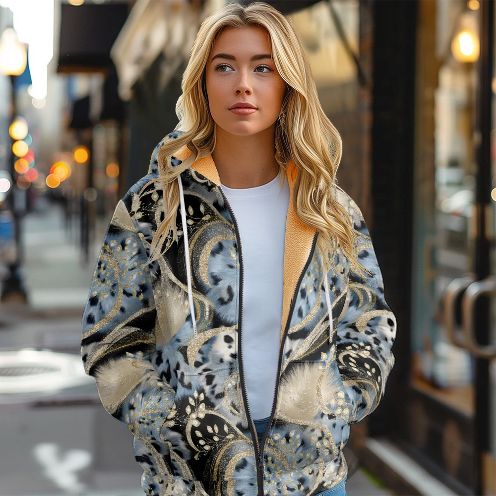 Luxury Feather Women Jacket Coats Printed Zip Up Hoodie fleece lined Winter Hunting ​Warm Streetwear Motorcycle Outwear Clothing
