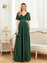 Lucyinlove Elegant Short Sleeves Evening Dresses Women V-Neck Green Floor Lenght Shinning Slit Wedding Party Long Prom Dress