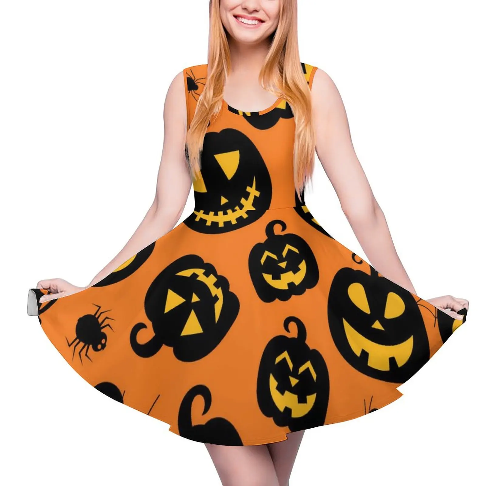 

Happy Haunts Dress Halloween Pumpkin Kawaii Dresses Sleeveless Street Style Big Size Skate Dress Womens Design Vestido