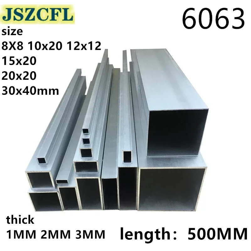 1PCS 6063 Aluminum Square Tube 8-40mm Thick 1mm 1.5mm 2mm 3mm Rectangular Aluminum Rod Profile for Decoration Length 500MM