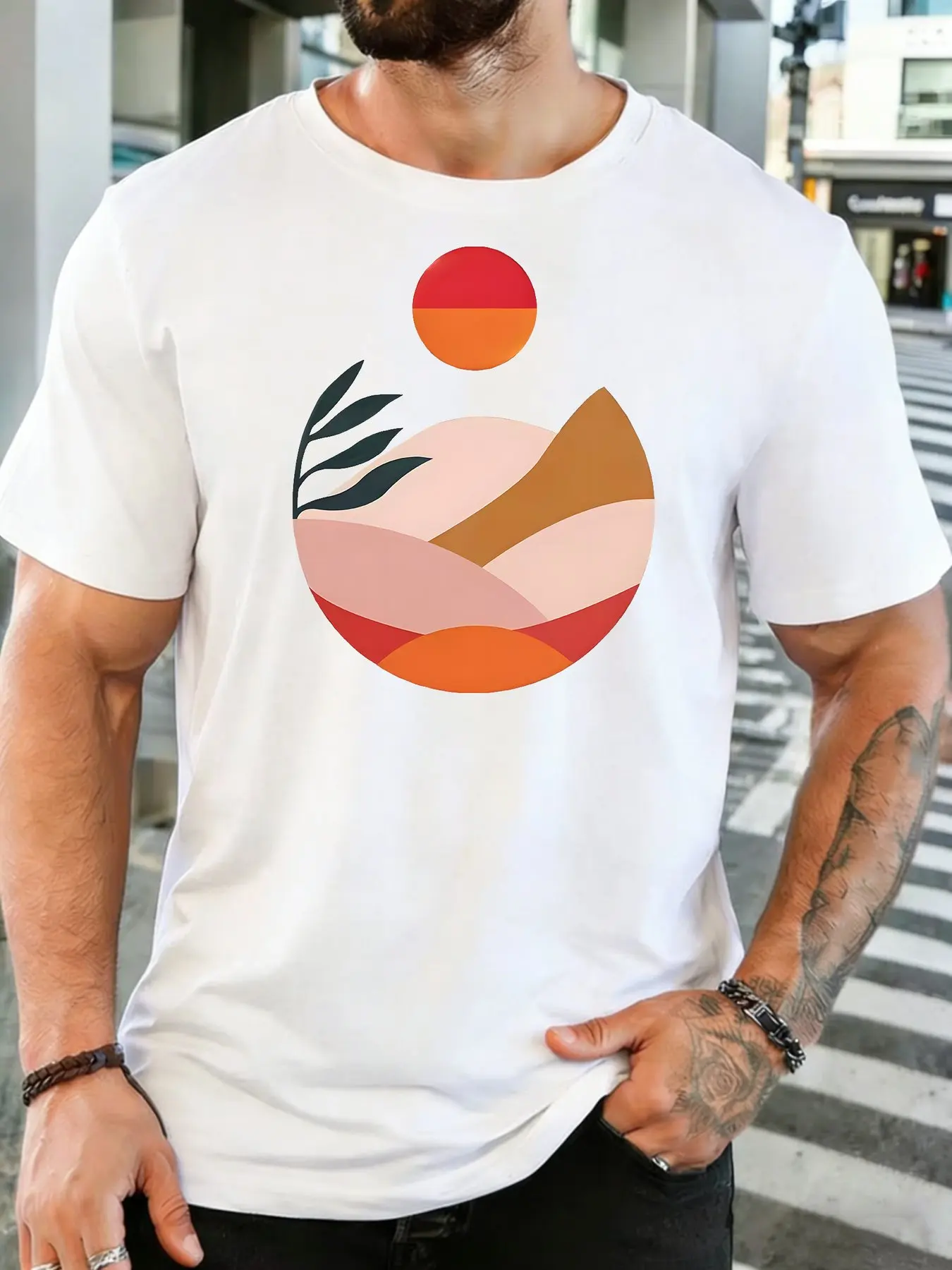 2026 New Men Cotton Crew Neck T Shirt Boho Abstract Mountain Sunset Circle Leaf Minimal Art Casual Short Sleeve Male Daily Top