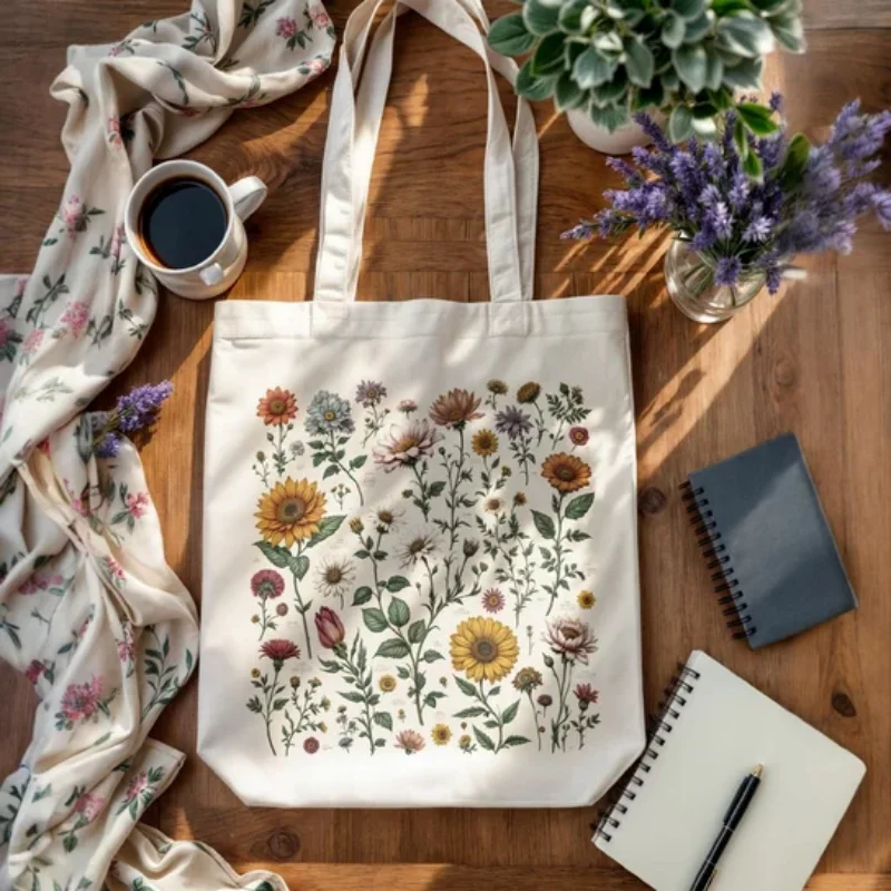 

Винтажная холщовая сумка-шоппер с рисунком диких цветов, универсальная сумка для любителей садоводства в стиле коттеджкор, многоразовая хозяйственная сумка для женщин