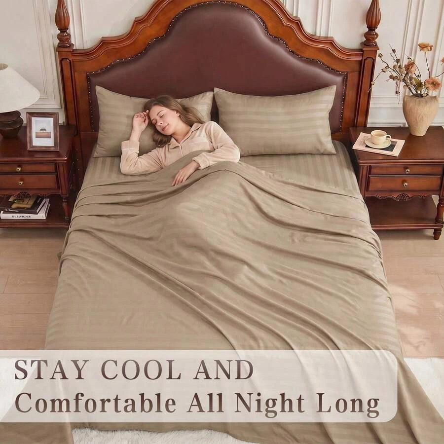 Striped Cooling Sheets Set King Size - Fitted Flat Sheet & Pillowcase Sets 4 Piece - Super Soft Stripe Bed Sheet, Easy Care, Deep Pocket /sf260521111363488956160