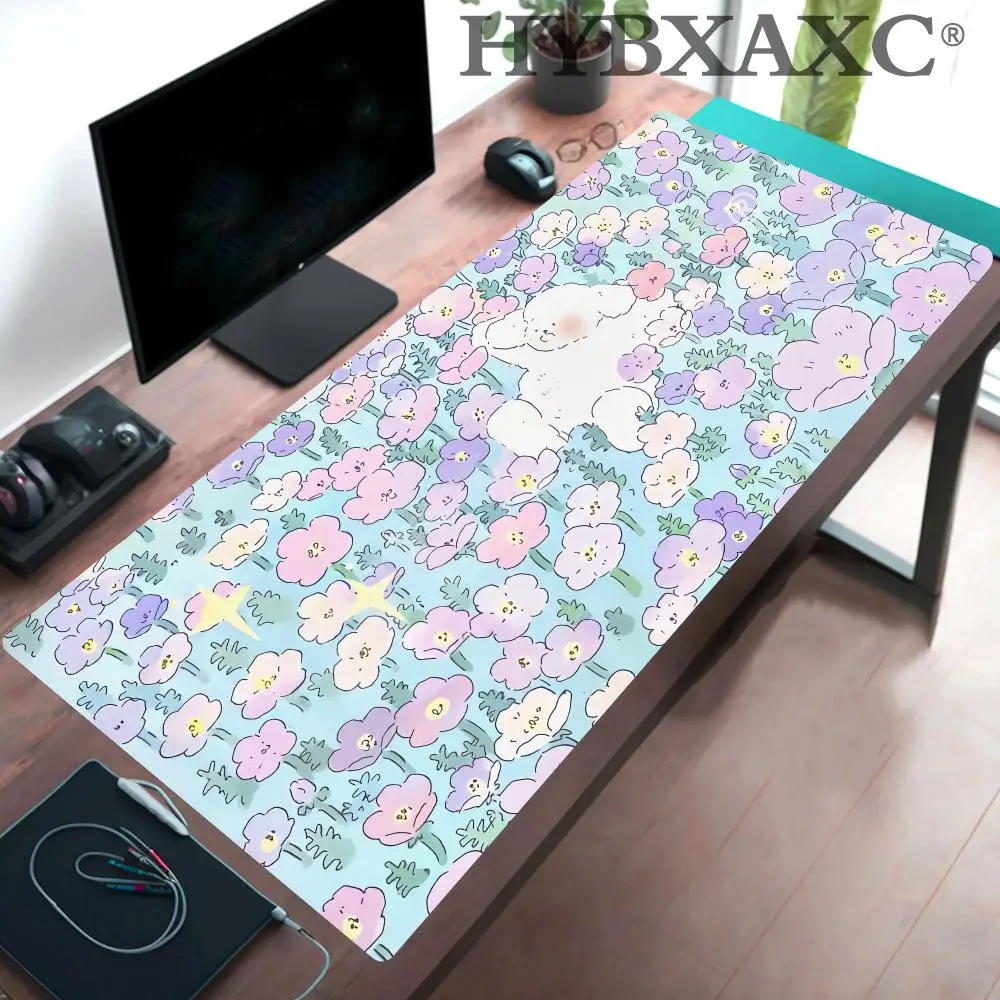 HYBXAXC Cute White Dog Floral Large Mouse Pad Pastel Blue Pink Flower Mat Keyboard for Girls for Computer Keyboard Home Office