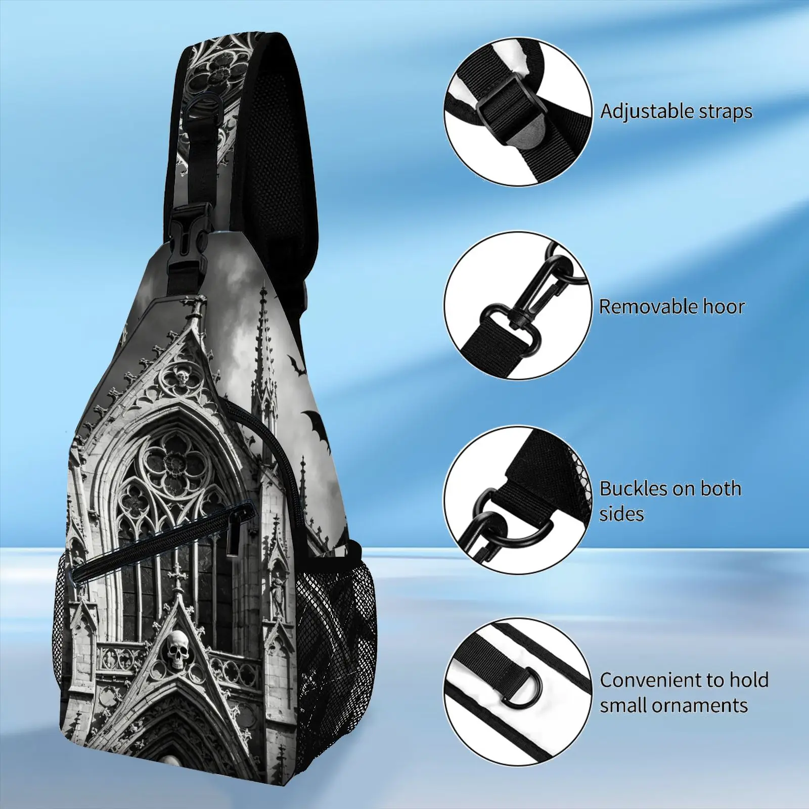 1pc Vintage Black White Gothic Cathedral Skull Print Sling Chest Bag, Adjustable Strap Crossbody Backpack for Punk Goth Streetwe view 5