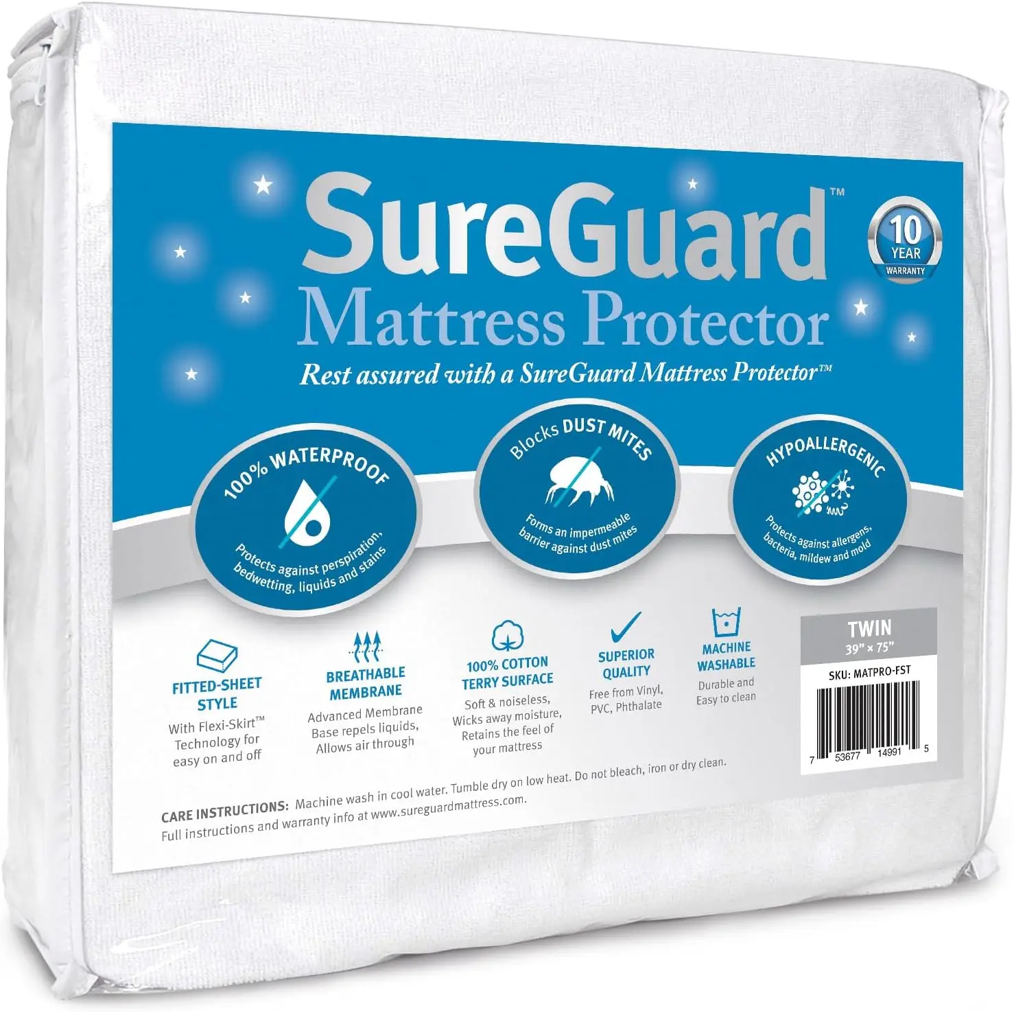 

Sureguard Twin Size Mattr Protector - 100% Waterproof, Hypoallergenic - Premium Fitted Cotton Terry Cover White