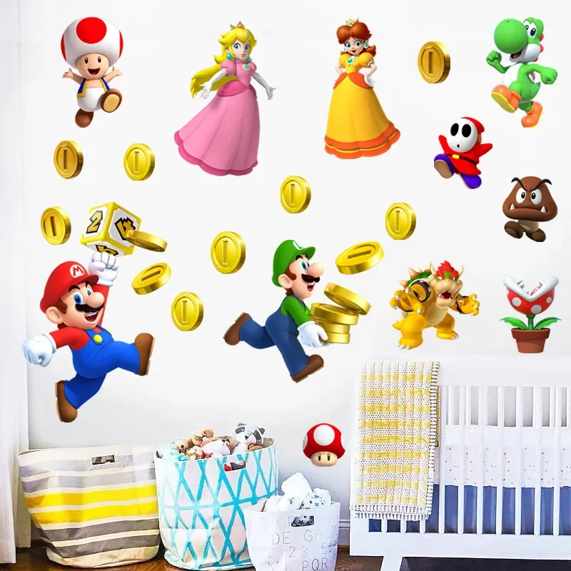 Pegatinas de pared de dibujos animados de Super Mario Bros, calcomanías coloridas y bonitas para dormitorio de niños, decoración de guardería,