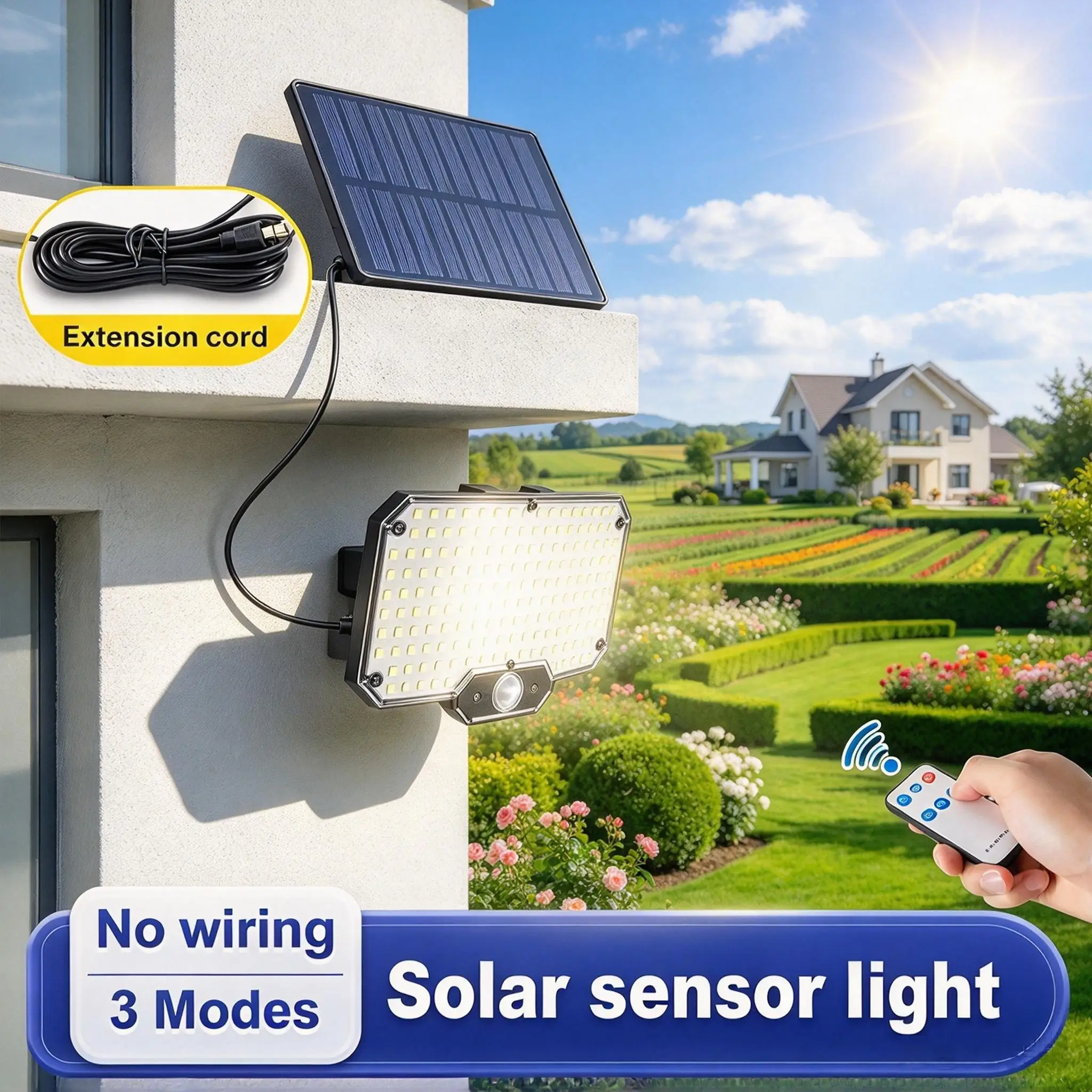 Paweinuo 234LEDS Outdoor Solar Wall Light with Remote Battery Waterpoof Split Design Motion Sensor Floodlight for Patio Garage