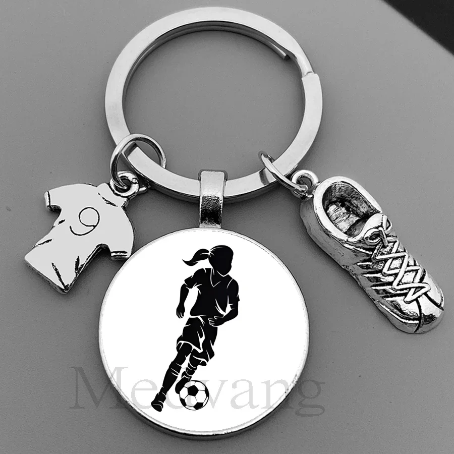 Football keychain boy girl silhouette art football player cabochon glass Keyring I Love football Gift Club Wholesale