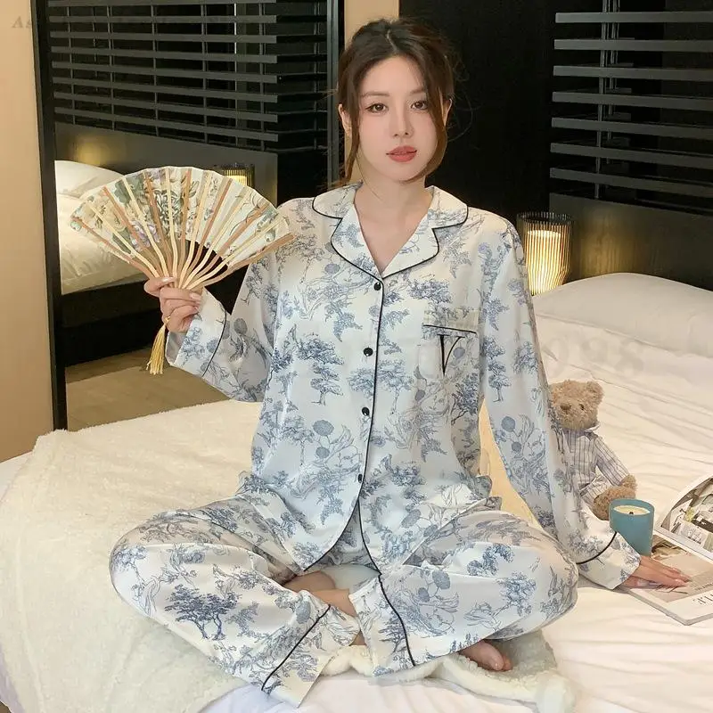 Pajamas Suit Casual Long Sleeve Women Print Satin Home Clothing Loungewear Homewear Pyjamas 2PCS Sleep Set Intimate Lingerie