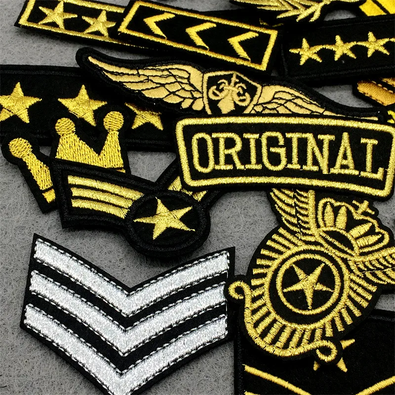 25pcs/lot Crown Army Embroidery Patches on Clothes Stickers DIY Iron-on Sewing Patches for Clothing Applique Golden Silver