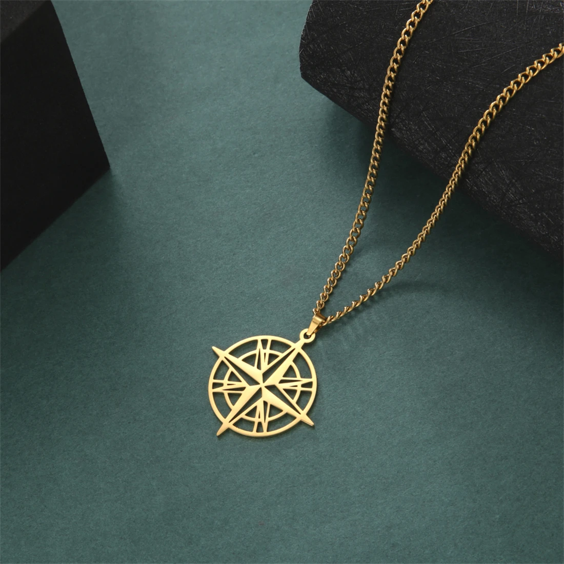 EUEAVAN Hollowed Compass Pendant Necklaces Women Men Stainless Steel Gold Silver Color Punk North Star Chain Jewelry Gift Unisex