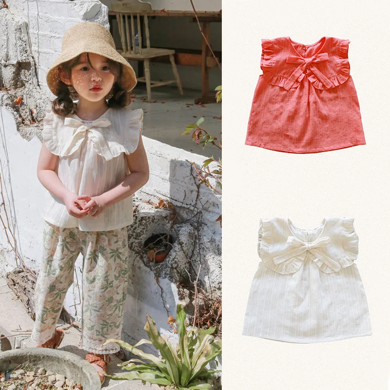 

Children Korean Style Summer Girls With Bowknot Collar Blouses Of The GirlsKid Cotton Loose Casual Top