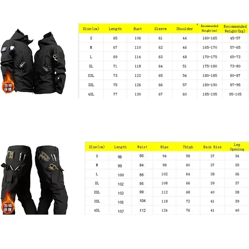 Tactical Winter Set tuta impermeabile antivento da esterno da uomo Multi-tasca Soft Shell giacche con cappuccio pantaloni da lavoro in pelle di