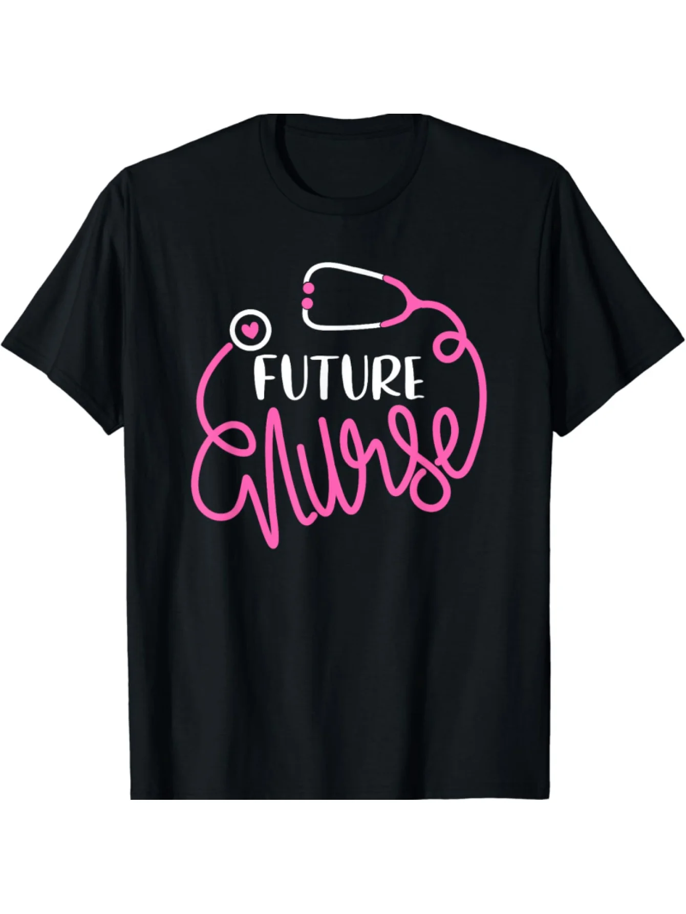 1pc Future Nurse Graphic T-Shirt - High Stretch 100% Cotton Crew Neck Tee with Stethoscope Design & Pink Cursive Lettering