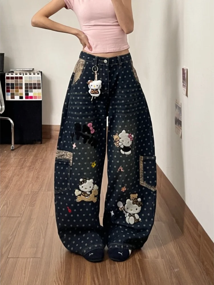 

American Style Retro Cartoon Embroidered Wide Leg Jeans Women's Summer New Design Loose Fit Pants High Waist Denim Jeans