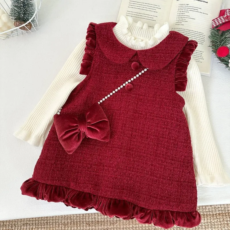

Girls Dress 2025 Autumn Winter Korean Style Fashion Sweet Cute New Year Christmas Red Solid Color Ruffles Sleeveless Dress