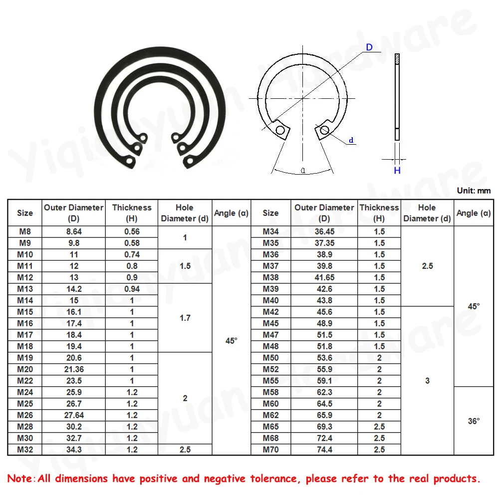Yiqianyuan GB893 M72-M150 탄소강 65Mn 검정색 C 형 외부 서 클립 고정 링 구멍 고정용 스냅 링