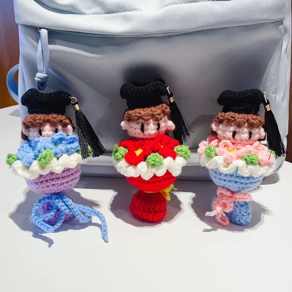 Funny Knitted Graduation Doll Cute Kawaii Handheld Flower Doll 13cm Finished Craft Handmade Knitted Figures Graduation Gift