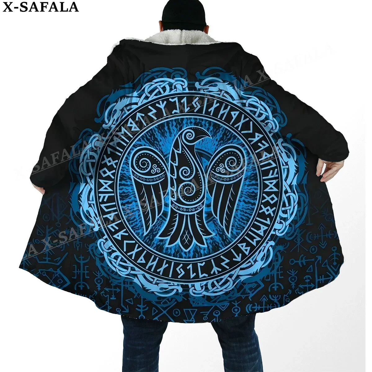 Norse Mythology Vegvisir Viking Symbol Thick Warm Hooded Cloak Men Overcoat Coat Windproof Fleece Cape Robe Hooded Blanket-40